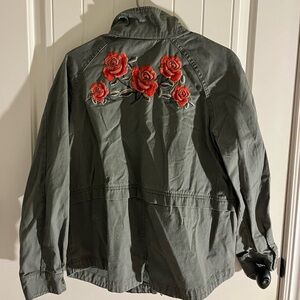 Style & Co Green Utility Jacket with Rose Embroidery